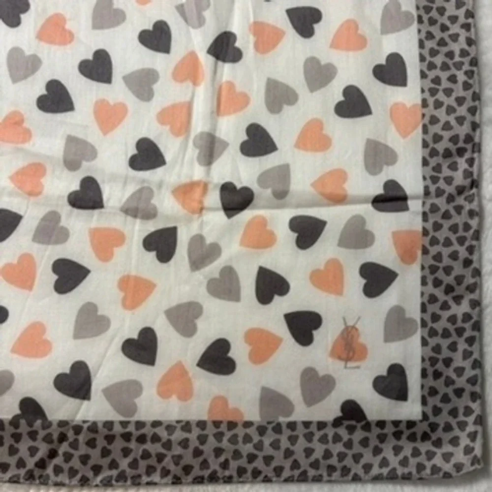 Vtg YVES SAINT LAURENT Scarf Handkerchief Heart Motif White Peach 19.5